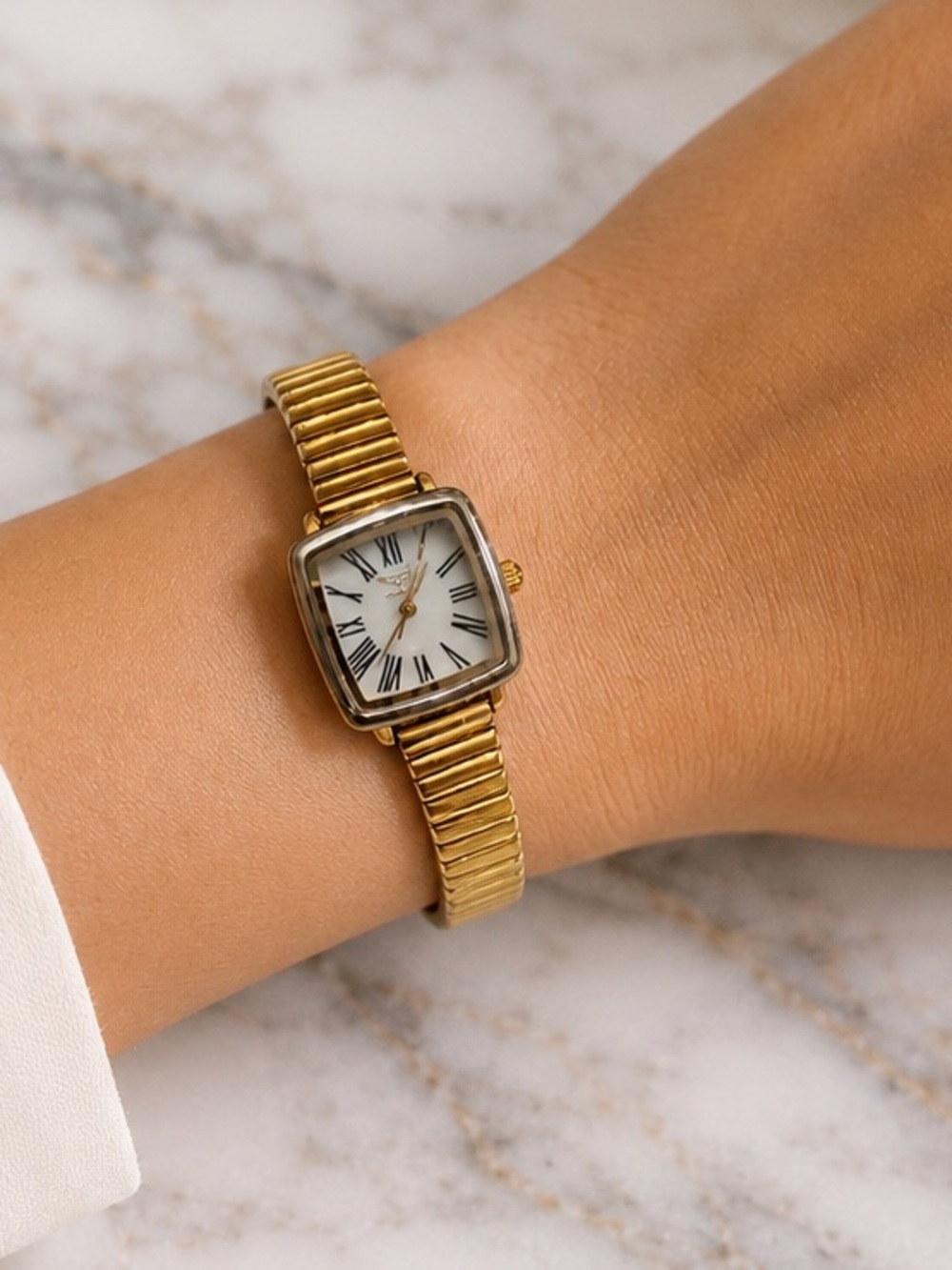 Invicta Gold-Tone Square Dial Women's Stretch Bracelet Watch with White Face